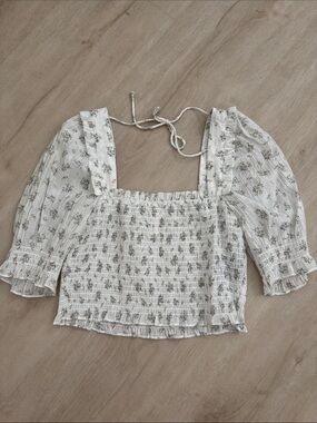 H&M Cream Floral Smocked Square-Neck Blouse